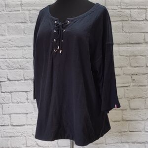 Tommy Hilfiger Navy Top 3/4 Sleeve Lace Up Gold Rivet Plus Size 2XL 100% Cotton